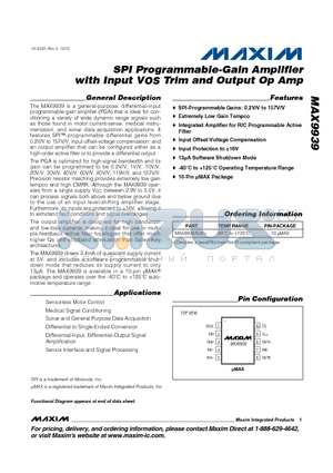 MAX9939 datasheet - SPI Programmable-Gain Amplifier with Input VOS Trim and Output Op Amp