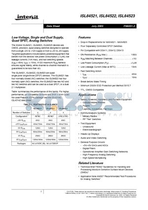 ISL84522IB datasheet - Low-Voltage, Single and Dual Supply, Quad SPST, Analog Switches