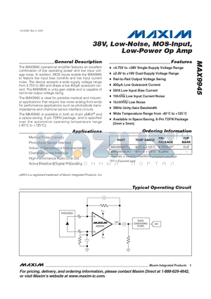 MAX9945ATT+ datasheet - 38V, Low-Noise, MOS-Input, Low-Power Op Amp