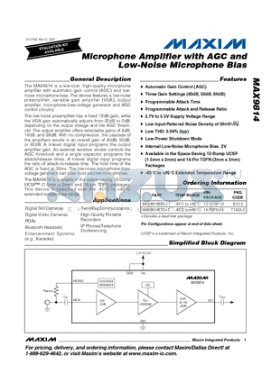MAX9814 datasheet - Microphone Amplifier with AGC and Low-Noise Microphone Bias