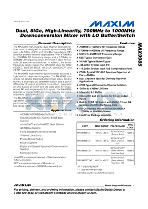 MAX9985 datasheet - Dual, SiGe, High-Linearity, 700MHz to 1000MHz Downconversion Mixer with LO Buffer/Switch