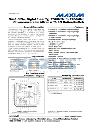 MAX9995 datasheet - Dual, SiGe, High-Linearity, 1700MHz to 2200MHz Downconversion Mixer with LO Buffer/Switch