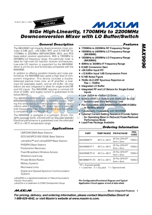 MAX9996ETP-T datasheet - SiGe High-Linearity, 1700MHz2 2200MHz Downconversion Mixer with LO Buffer/Switch