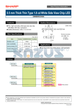 GM4BW53340A datasheet - 0.5 mm Thick Thin Type 1.8 cd White Side View Chip LED