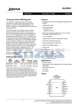 ISL85001IRZ-T datasheet - 1A Standard Buck PWM Regulator