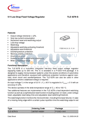 TLE4278G datasheet - 5-V Low Drop Fixed Voltage Regulator