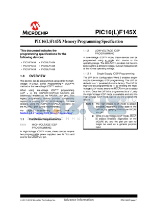 PIC16LF1454 datasheet - PIC16(L)F145X Memory Programming Specification