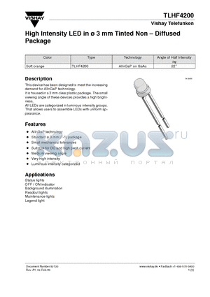 TLHF4200 datasheet - High Intensity LED in 3 mm Tinted Non . Diffused Package