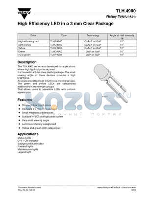 TLHP4900 datasheet - High Efficiency LED in 3 mm Clear Package