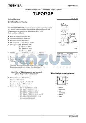 TLP747GF datasheet - TOSHIBA Photocoupler GaAs Ired & Photo−Thyristor