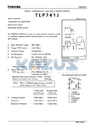 TLP741J datasheet - OFFICE MACHINE HOUSEHOLD USE EQUIPMENT SOLID STATE RELAY SWITCHING POWER SUPPLY