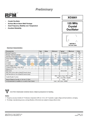 XO3001 datasheet - 125 MHz Crystal Oscillator