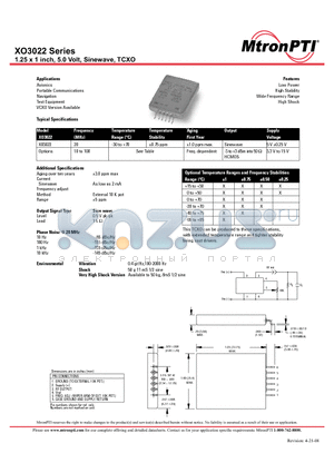 XO3022 datasheet - 1.25 x 1 inch, 5.0 Volt, Sinewave, TCXO