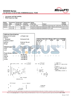 XO3030 datasheet - 1x1.25 inch, 3.3 & 5.0 Volt, HCMOS/Sinewave, TCXO