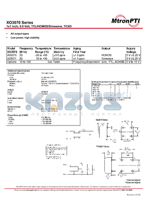 XO3070 datasheet - 1x1 inch, 5.0 Volt, TTL/HCMOS/Sinewave, TCXO
