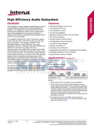 ISL99203IIZ-T datasheet - High Efficiency Audio Subsystem