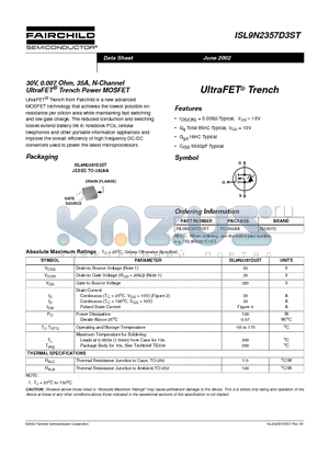 ISL9N2357D3ST datasheet - 30V, 0.007 Ohm, 35A, N-Channel UltraFET Trench Power MOSFET