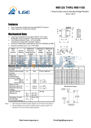 MB14S datasheet - 1 Amp Surface mount Schottky Bridge Rectifier 20 to 100 V