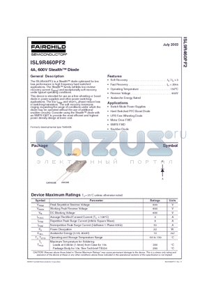 ISL9R460PF2 datasheet - 4A, 600V Stealth Diode