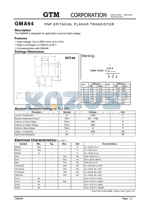 GMA94 datasheet - PNP EPITAXIAL PLANAR TRANSISTOR