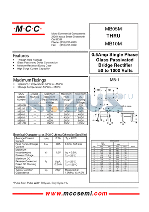 MB1M datasheet - 0.5Amp Single Phase Glass Passivated Bridge Rectifier 50 to 1000 Volts