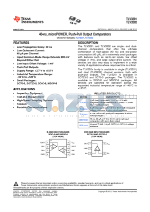 TLV3201AIDBVT datasheet - 40-ns, microPOWER, Push-Pull Output Comparators