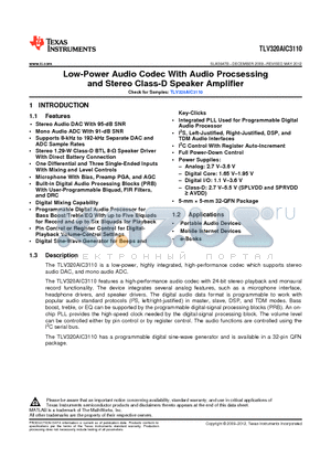 TLV320AIC3110 datasheet - Low-Power Audio Codec With Audio Procsessing and Stereo Class-D Speaker Amplifier
