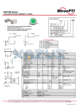 XO5160AV6 datasheet - 14 pin DIP, 5.0 Volt, HCMOS/TTL, OCXO