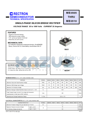 MB351 datasheet - SINGLE-PHASE SILICON BRIDGE RECTIFIER (VOLTAGE RANGE 50 to 1000 Volts CURRENT 35 Amperes)