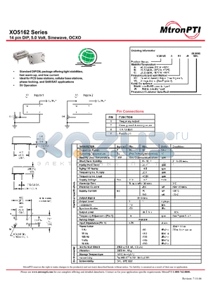 XO5162AR1 datasheet - 14 pin DIP, 5.0 Volt, Sinewave, OCXO
