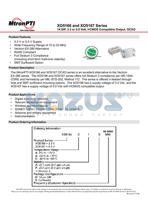 XO5166AFD datasheet - 14 DIP, 3.3 or 5.0 Volt, HCMOS Compatible Output, OCXO