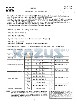 MB4752A datasheet - SUBSCRIBER LINE INTERFACE IC