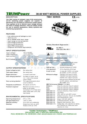 TM41 datasheet - 30-40 WATT MEDICAL POWER SUPPLIES