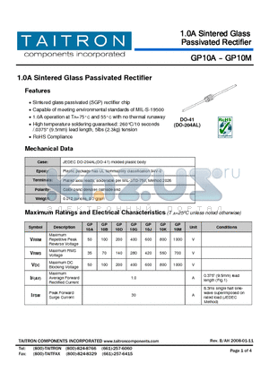 GP10D datasheet - 1.0A Sintered Glass Passivated Rectifier