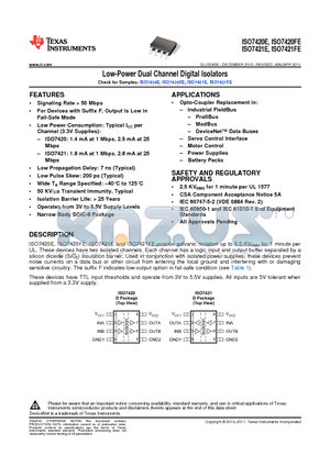 ISO7420E datasheet - Low-Power Dual Channel Digital Isolators