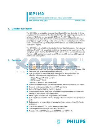 ISP1160BD datasheet - Embedded Universal Serial Bus Host Controller