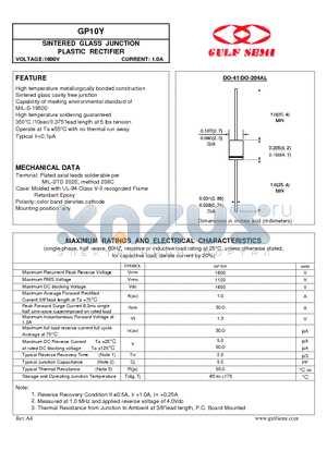 GP10Y datasheet - SINTERED GLASS JUNCTION PLASTIC RECTIFIER VOLTAGE:1600V CURRENT: 1.0A