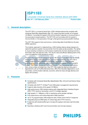 ISP1183BS datasheet - Low-power Universal Serial Bus interface device with DMA