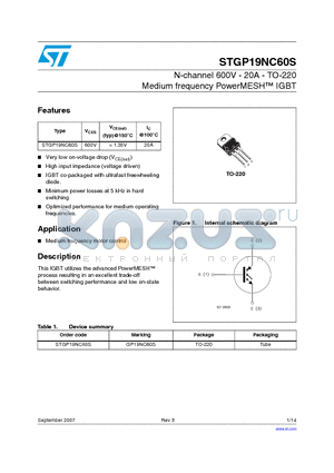 GP19NC60S datasheet - N-channel 600V - 20A - TO-220 Medium frequency PowerMESH  IGBT