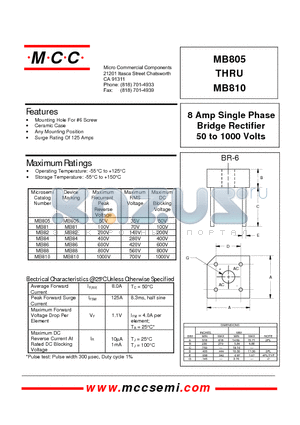 MB805 datasheet - 8 Amp Single Phase Bridge Rectifier 50 to 1000 Volts