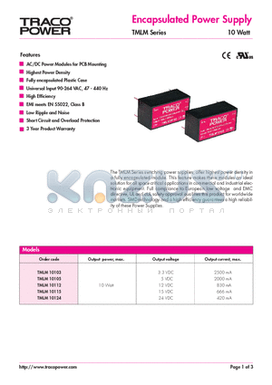 TMLM10103 datasheet - Encapsulated Power Supply - TMLM Series 10 Watt