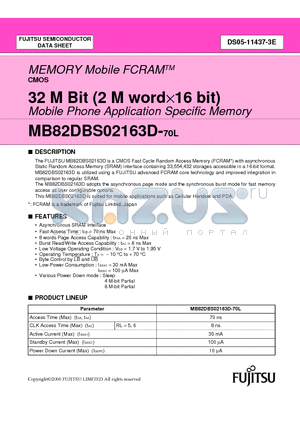 MB82DBS02163D-70LBGT datasheet - 32 M Bit (2 M word16 bit) Mobile Phone Application Specific Memory