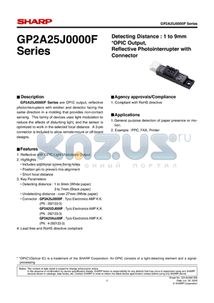 GP2A25NJJ00F datasheet - Detecting Distance : 1 to 9mm OPIC Output, Refl ective Photointerrupter with Connector