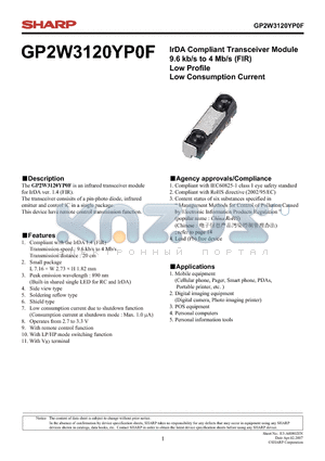 GP2W3120YP0F datasheet - IrDA Compliant Transceiver Module 9.6 kb/s to 4 Mb/s (FIR) Low Profile Low Consumption Current