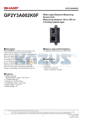 GP2Y3A002K0F_06 datasheet - Wide angle Distance Measuring Sensor Unit Measuring distance: 20 to 150 cm 5 Analog outputs type