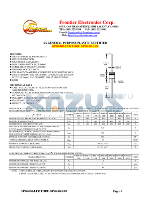 GP60-08-LFR datasheet - 6A GENERAL PURPOSE PLASTIC RECTIFIER