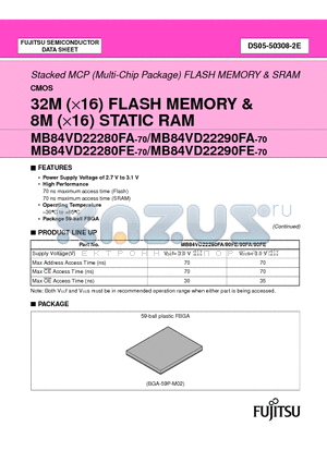 MB84VD22280FA-70PBS datasheet - 32M (X16) FLASH MEMORY & 8M (X16) STATIC RAM