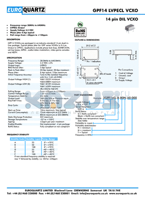 GPF14 datasheet - 14 pin DIL VCXO