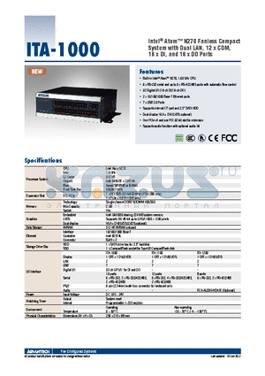 ITA-1200-00A1E datasheet - Intel^ Atom N270 Fanless Compact System with Dual LAN, 12 x COM, 16 x DI, and 16 x DO Ports