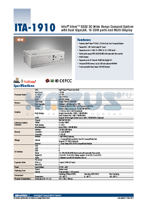 ITA-1910-01A1E datasheet - Intel^ Atom D525 DC Wide Range Compact System with Dual GigaLAN, 16 COM ports and Multi-Display